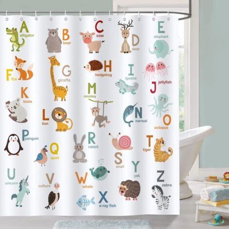180 x 180 cm Duschvorhang für Kinder, ABC-Alphabet, Tiere, Polyestergewebe, schimmelresistent, wasserdicht, waschbar
