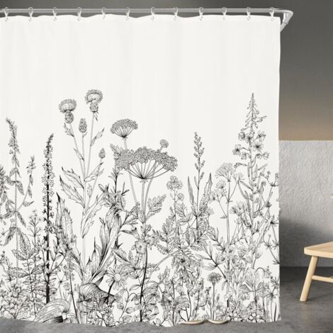 180 x 180 cm großer Duschvorhang in Schwarz-Weiß, schimmelresistent, extra lang, mit Blumenmuster