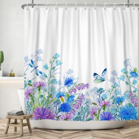 180 x 180 cm großer Duschvorhang mit Blumenmuster, schwarz-weiß, schlichtes Blumendesign, Badezimmervorhang mit Haken, wasserabweisender Duschvorhang