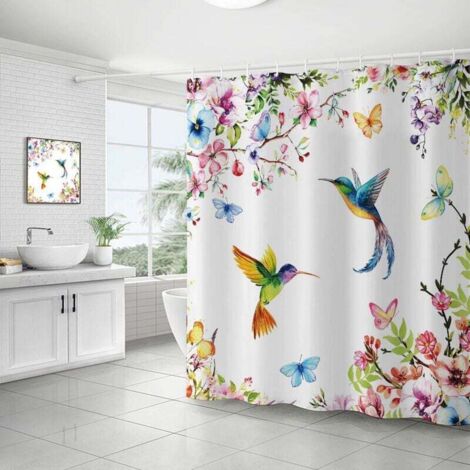 180 x 180 cm Watercolor Floral and Hummingbird Pattern Shower Curtain for Bathroom - Polyester Shower Curtain with Hooks - Pink MUMU