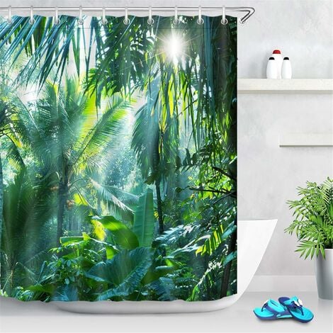 HIASDFLS 180 x 200 cm Dschungelwald-Duschvorhang, tropische Pflanze, grüne Bananenblätter, Badezimmervorhang, wasserfest, schimmelfest, waschbarer Polyester-Gewebe-Vorhang, mit Haken