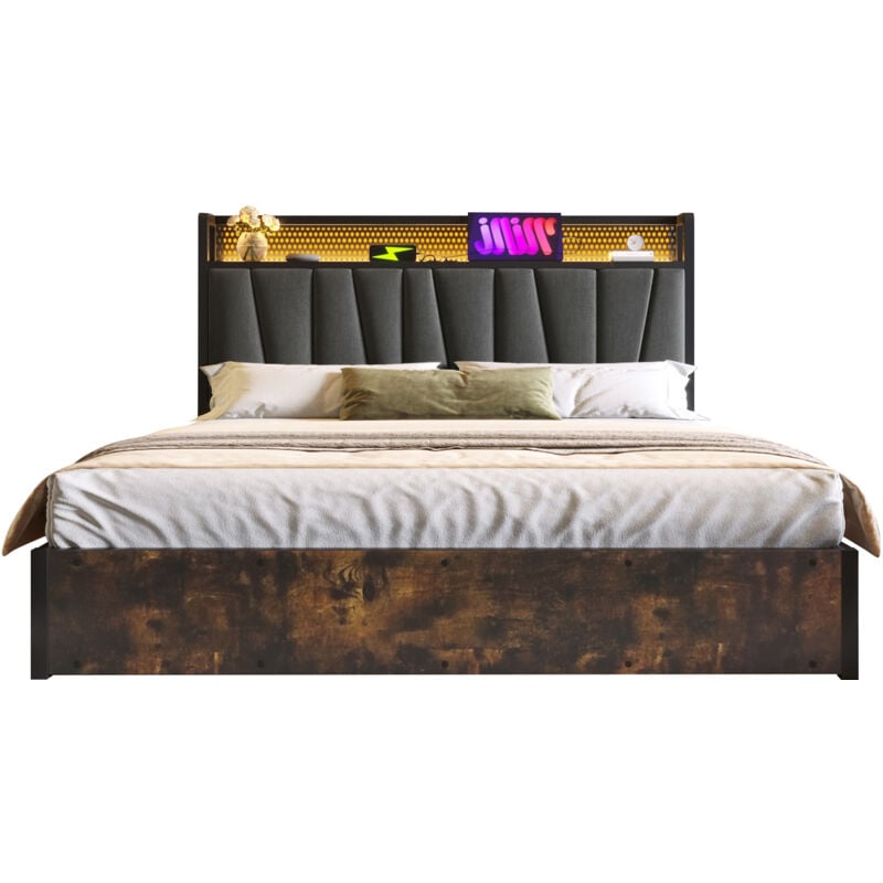 Gutent - 180 x 200 cm lit double rembourré avec fonction de charge usb gris