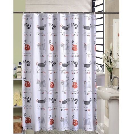 180 x 200cm Rideau de Douche avec 12 Crochets Séchage Rapide(chat), Tissu Polyester Imperméable Lavable en Machine, Rideaux Salle