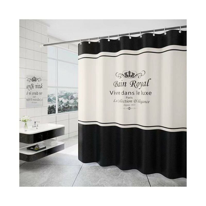 180 x 200cm Rideau de Douche avec 12 Crochets Séchage Rapide(Noir et blanc), Tissu Polyester Imperméable Lavable en Machine, Rideaux Salle de Bain
