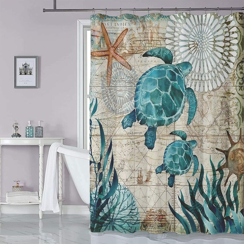 180 x 200cm Rideau de Douche avec 12 Crochets Séchage Rapide(tortue de mer), Tissu Polyester Imperméable Lavable en Machine, Rideaux Salle de Bain