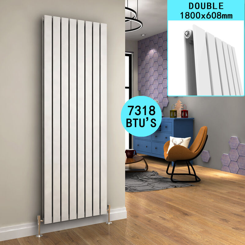 High Heat Output Radiator 1800x608mm White Double Flat Panel Tall Upright Central Vertical Radiators - Elegant