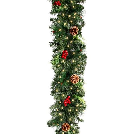180cm Guirlande Sapin Noel Artificiel Lumineuse, Guirlande Vert Sapin Arbre avec Pommes de Pin, Fruits Rouges, Décoration Idéale Noël(avec 30Leds)