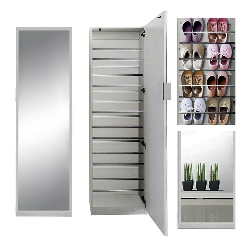 180cm Shoe Cabinet Mirror Door White Shoe Shelf Shoe Chest Of Drawers Coat Rack 10003718