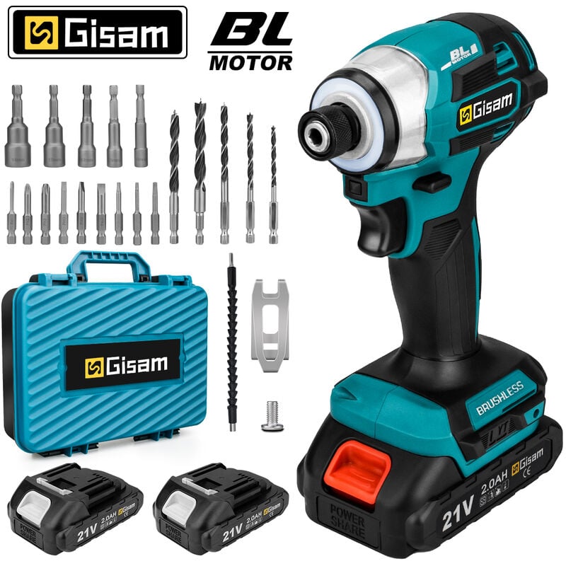 Brushless Visseuse à choc sans fil 2X2.0 Ah batteries 1/4' pouces 21 accessoires de l'assemblage de meubles et la réparation à domicile