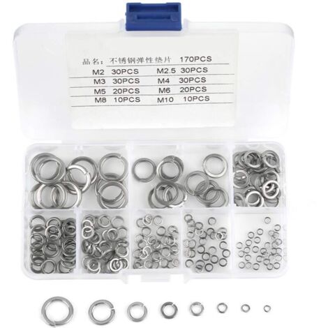 180pcs 8 Taille Coffret Assortiment de Rondelles de Ressort en acier inoxydable 304, Kit Rondelles de Ressort M2 M2.5 M3 M4 M5 M6 M8 M10