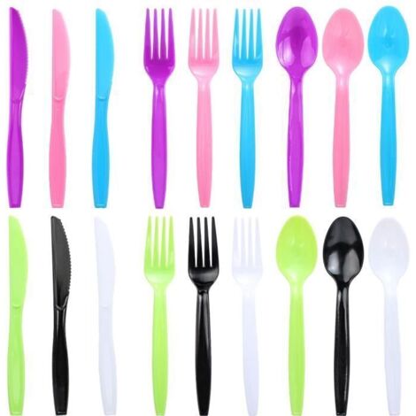 180Pcs Couverts en Plastique Réutilisables 6 Couleurs avec Couteaux, Fourchettes et Cuillères, Vaisselle de Camping pour Cuisines