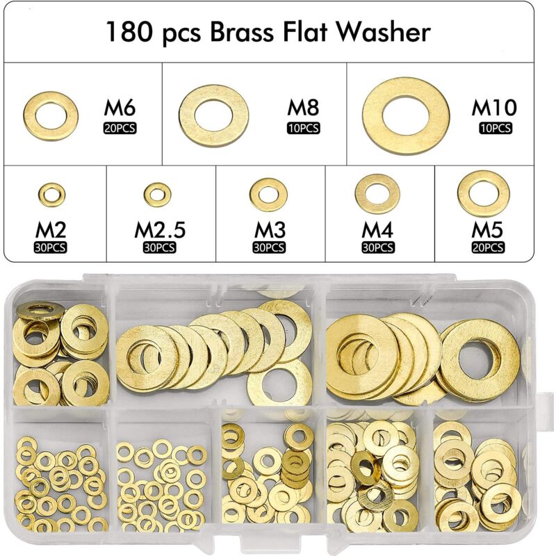 180pcs Flat Washer, Brass Flat Washer Gasket Assortment, M2 M2.5 M3 M4 M5 M6 M8 M10 Flat Washer for Screw Sealing Gasket Rings-Comes with Box