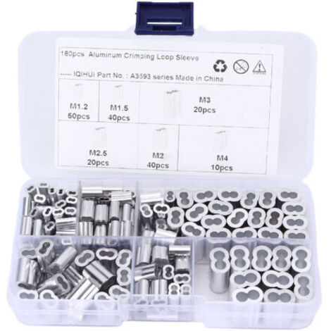 180pcs Kit de manchons de boucle de sertissage 6-Taille en aluminium à double barillet Universel pour cble métallique Extrémité de ligne