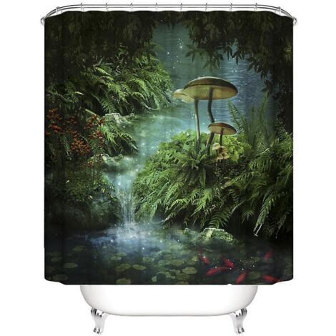 180x180cm Conte De Fes Fort Rideau De Douche Champignon Magique Feuille D'herbe Verte Rideau De Douche Zen River 3-en-1 Rideau De Douche Enfants S