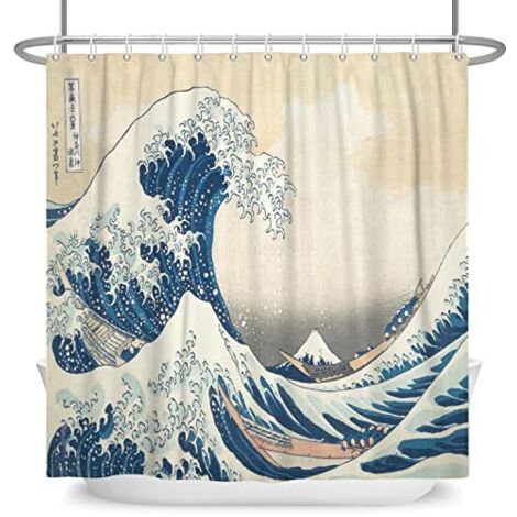 180x180cm Japonais Océan Vagues Rideau de Douche - Résumé Mer Bois Bateau Ukiyo-e Thème Fuji Mont pour Salle de Bains - Polyester avec Crochets