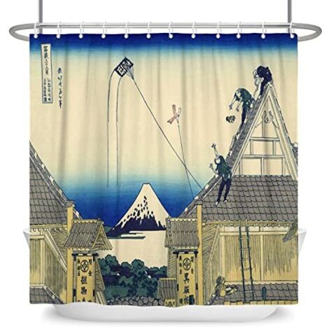 180x180cm Japonais Peinture à l'Huile Rideau de Douche Kanagawa Cerf-Volant en Volant Ukiyo-e Cottage Mont Fuji Japon Art pour Salle de Bains Polyester avec Crochets