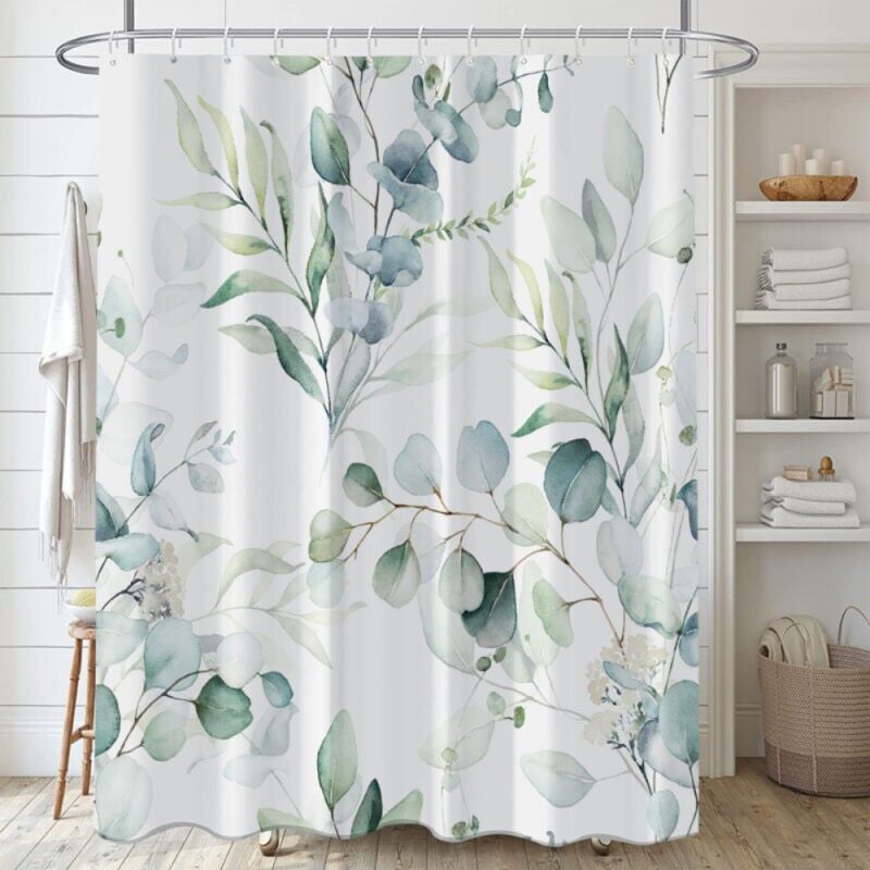 180x180cm Rideau Douche Eucalyptus, Rideau de Douche Feuilles Vert Fleuri Blanc Rideau de Baignoire Anti Moisissure Imperméable Tissu Polyester