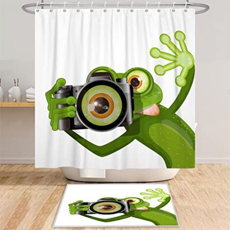 180x200cm Mignon Drôle Grenouille Rideau de Douche Photographe Grenouille Grand Regard Prise d'une Photo Animal Blanc Rideau de Baignoire pour Enfants Salle Bains Polyester avec Crochets