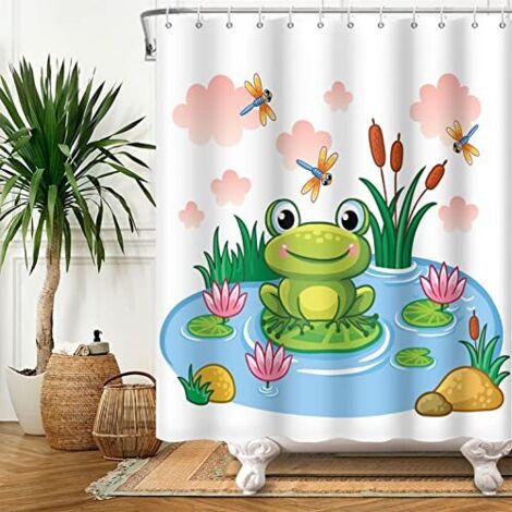 180x200cm Mignon Grenouille Rideau de Douche Grenouille sur Lotus Feuille Étang Fleur Libellule Été Animal Blanc Rideau de Baignoire pour Enfants Salle Bains Polyester avec Crochets