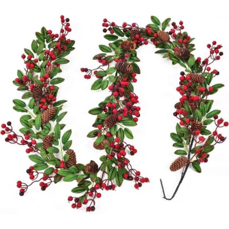 183 cm Artificielle Baies Guirlande de Noël, Houx Guirlande de Noël Deco avec Rouges Noires de Baies Pomme de Pin et Feuilles Vertes pour Vacances d'hiver Nouvel an Cheminée Décoration de Noël