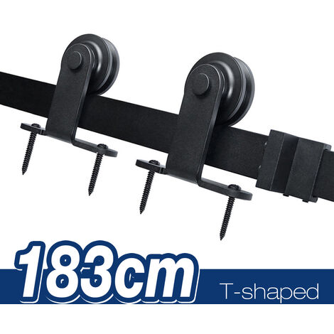 1,83 M Kit de accesorios para rieles para puertas corredizas, kit de herrajes para puertas corredizas de acero para granero, en forma de T, negro - Black