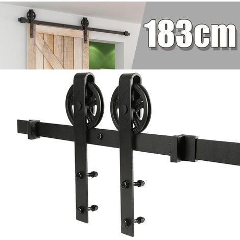 1,83 m Puerta de granero corredera estilo rústico puerta de granero corredera de madera, Acero al carbono Negro - Estilo rueda