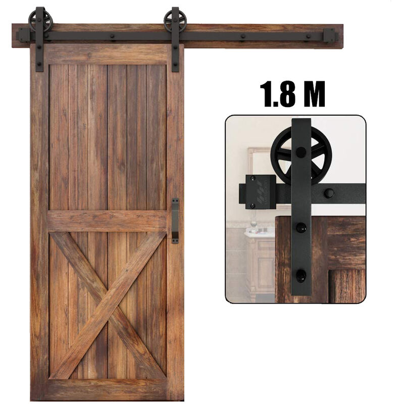 183cm Sliding Door Track, 6FT Stainless Steel Sliding Wood Door Hardware Closet Kit with Big Spoke Wheels for Single Door Heavy Duty (Black)