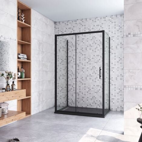 185 cm Box Doccia a Tre Lati Porta Scorrevole con Doppia Parete Fissa Vetro Temperato 5 mm Trasparente Profilo Nero Opaco 140x70x70 cm