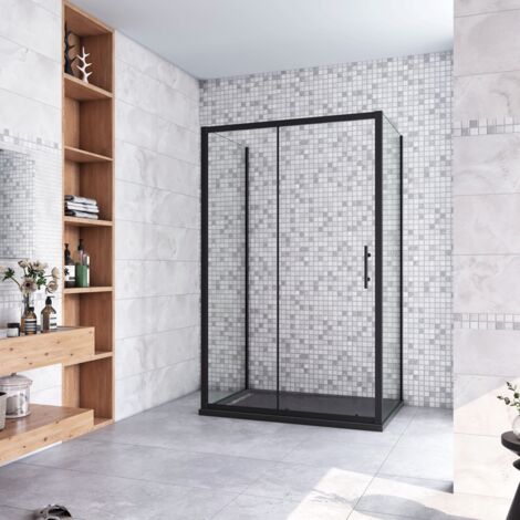 185 cm Box Doccia a Tre Lati Porta Scorrevole con Doppia Parete Fissa Vetro Temperato 5 mm Trasparente Profilo Nero Opaco 140x80x80 cm