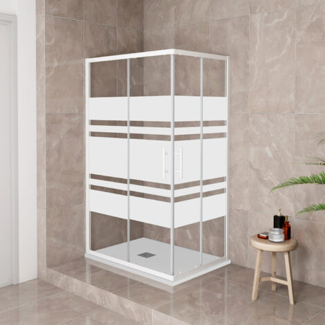 185 cm Box Doccia Angolare 70x70 cm Porte Scorrevoli Vetro Temperato 5 mm Anticalcare Fascie in Serigrafato Telaio Bianco Opaco