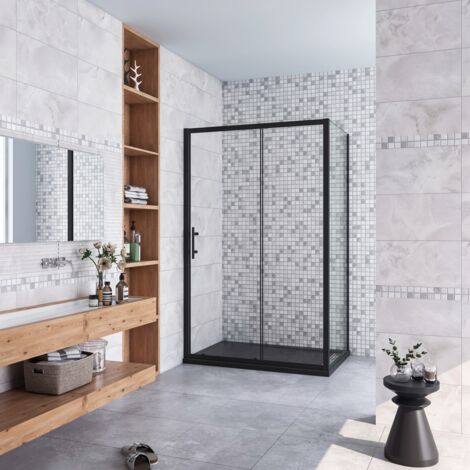 185 cm Box Doccia Angolare Porta Scorrevole con Parete Fissa Vetro Temperato 5 mm Trasparente Profilo Nero Opaco 100x80 cm