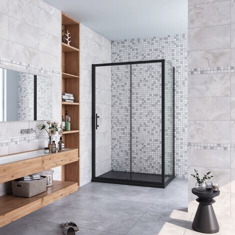 185 cm Box Doccia Angolare Porta Scorrevole con Parete Fissa Vetro Temperato 5 mm Trasparente Profilo Nero Opaco 120x80 cm