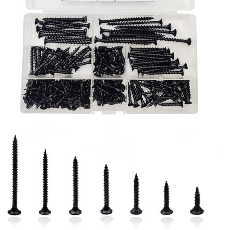 185 Pièces - Vis à Bois - Vis Autotaraudeuses - Tête Plate Croisée M4 pour Meubles et Placo - Acier au Carbone Noir - 16x60mm