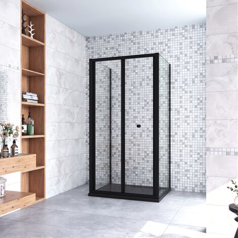 185cm Box Doccia a Tre Lati Porta a Soffietto 90cm con Doppia Parete Fissa 80x80cm in Vetro Temperato Trasparente 5 mm Profilo Nero Opaco