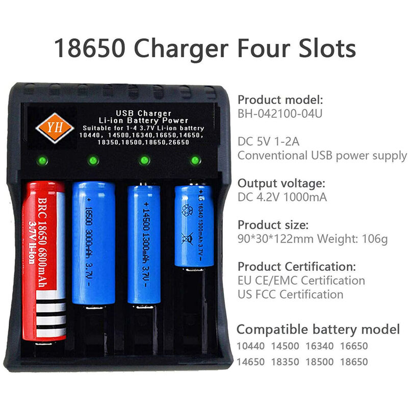 

18650 Bateria Cargador USB 4 ranuras Bateria de iones de litio de 3,7 V Proteccion contra sobrecarga de energia con 4 piezas 18650 Baterias, Negro