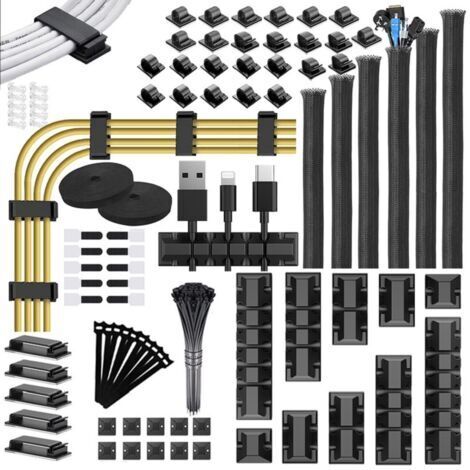188 Kits de Gestion des Câbles, 6 Manchons de Gaine de Câble 50 Serre-Câbles Adhésifs 100 Serre-Câbles 10 Attaches de Câble Base 20 + 2 Serre-Câbles Organisateur Rallonge pour TV PC Voiture
