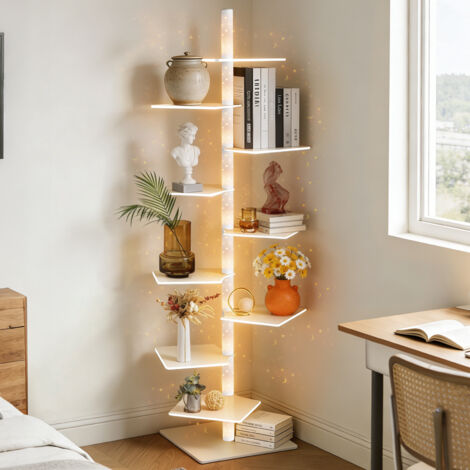 1.8m Bibliothèques Rotative à 9 Niveaux de Rangement Effet Led lune/Etoile Étagère en métal Tour à Livres Verticale Ouverte Invisible Tour de Livres Étagères pour Chambre Salon Bureau, Blanc