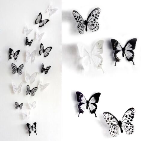 18pcs Papillons 3D PVC Stickers Muraux Noir Et Blanc Art Decal Accueil DéCoration Fenêtre