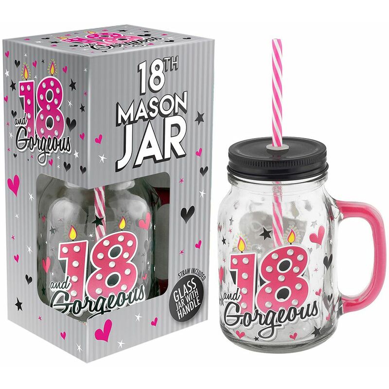 18th Birthday Mason Jar With Metal Lid Glass Handle and Pink/White Straw - Pink