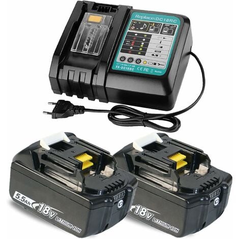 TEETOK 18V 5.5Ah batteria , con schermo LED BL1850 BL1840 BL1860 LXT e caricabatterie sostitutivo DC18RC 14.4V - 18V 2 batterie e 1 caricabatterie,Compatibile con la macchina Makita