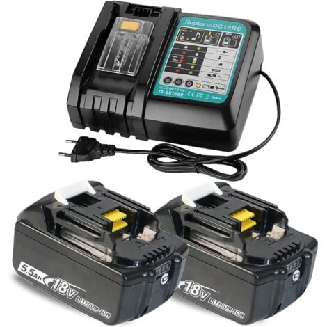 TEETOK 18V 5.5Ah Compatible avec la batterie Makita de remplacement avec écran LED BL1850 BL1840 BL1860 LXT & DC18RC chargeur de batterie de remplacement pour Makita 14.4V - 18V 2 x batteries et 1 x chargeu