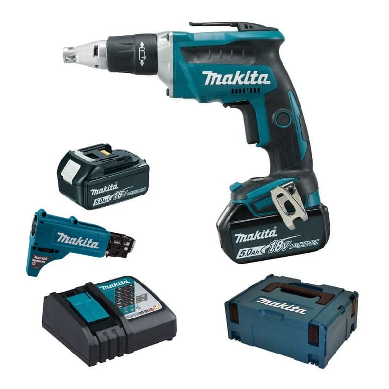 Image of 18V Li-Ion 5Ah 5x25-55mm Makita Automatischer Schrauber - 2 Akkus 1 Ladegerät - im Koffer - DFS452TJX2