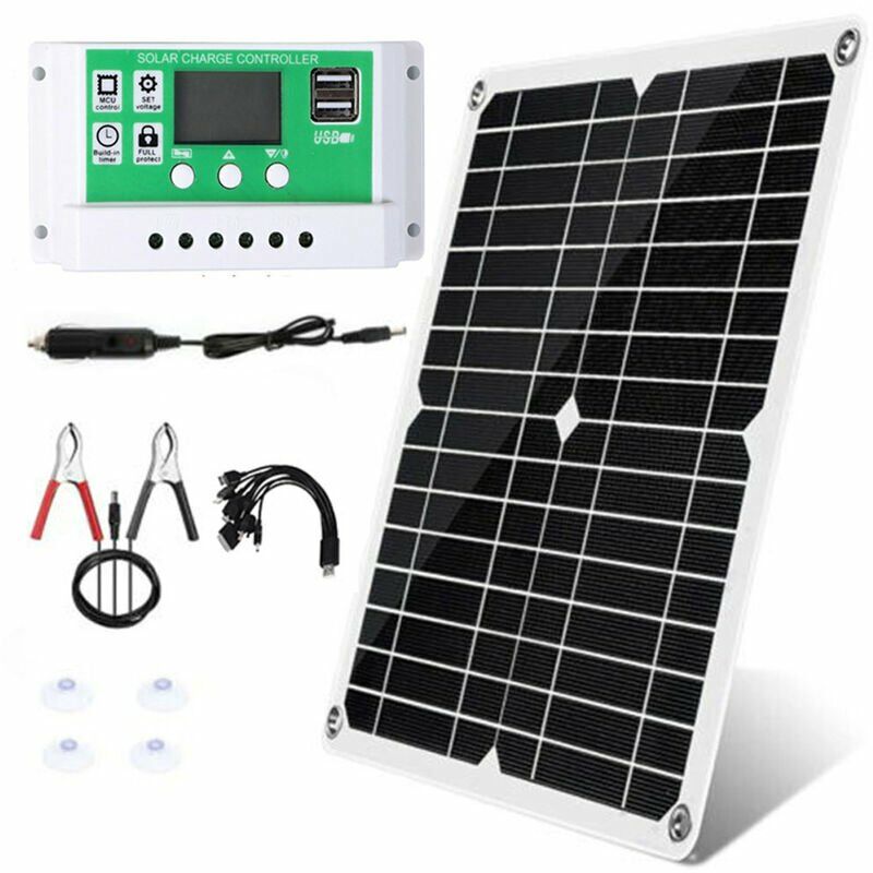 18V/25W Monocrystalline Solar Panel Kit Dual usb Phone Charger Waterproof Camping Power Bank with 12/24V 100A pwm Solar Charge Controller for Marine