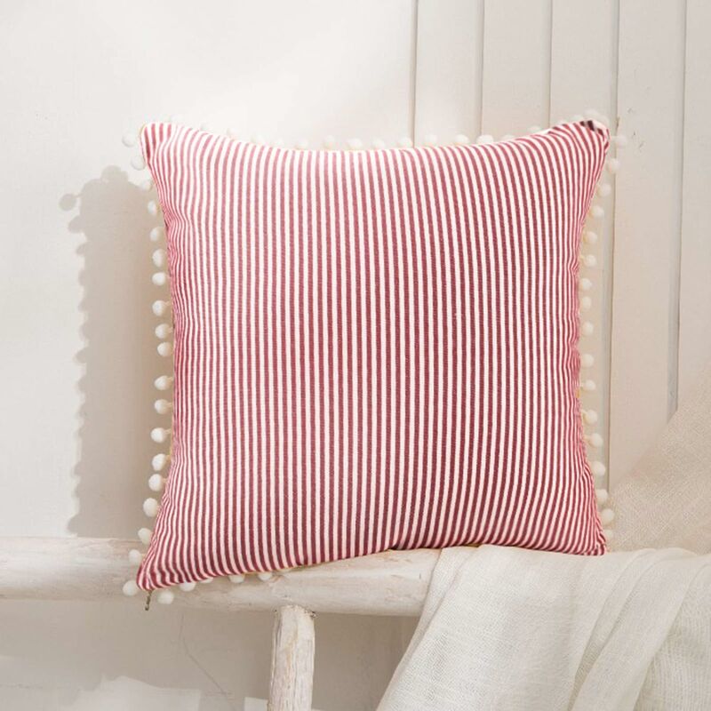 18X18 Inch Decorative Pillowcases Red And White Decorative Pillow Case With Balls Striped Pillowcase For Sofa Bed
