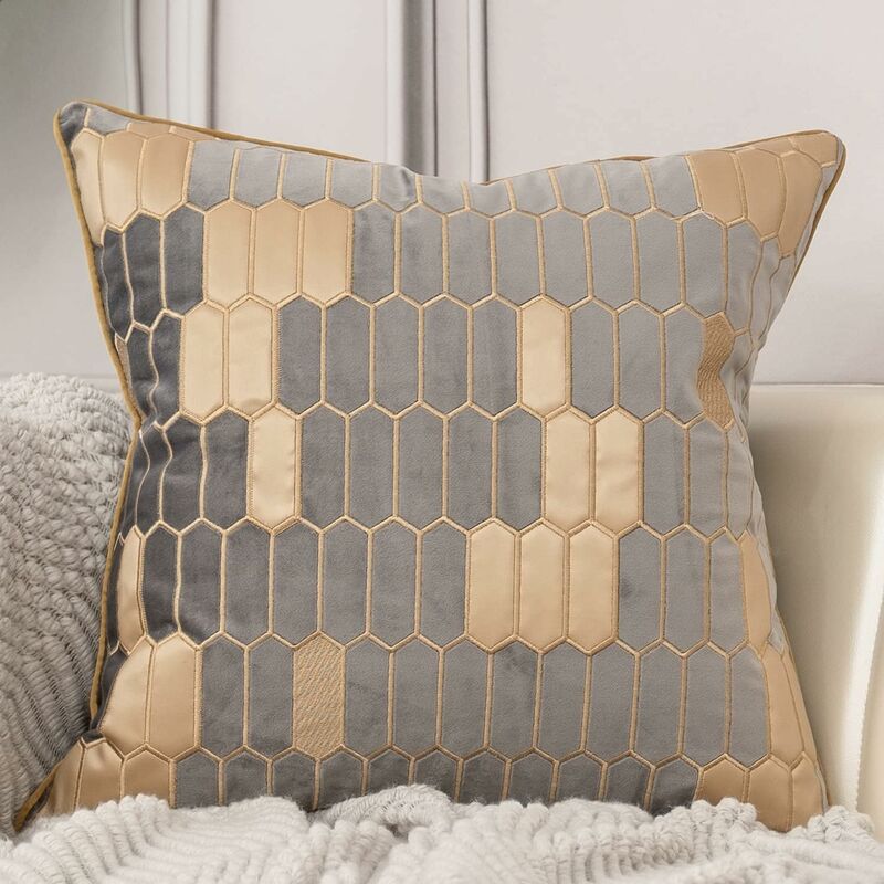 18X18 Inch Gray And Gold Leather Geometric Plaid Embroidered Velvet Cushion Case Luxury Modern Square Throw Pillow Case Decorative Pillow