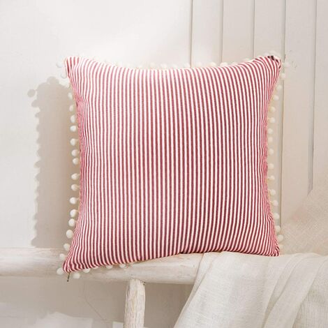 18x18 Inch Pillow Covers Red and White Decorative Pillowcase with Balls Ticking Stripe Throw Pillow Case for Bed Sofa
