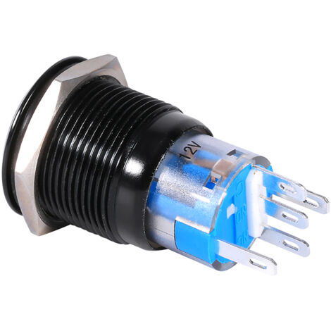 19 mm flacher Drucktaster, Ein/Aus, wasserdicht, selbstverriegelnd, weiße LED, 12–24 V, Schwarz