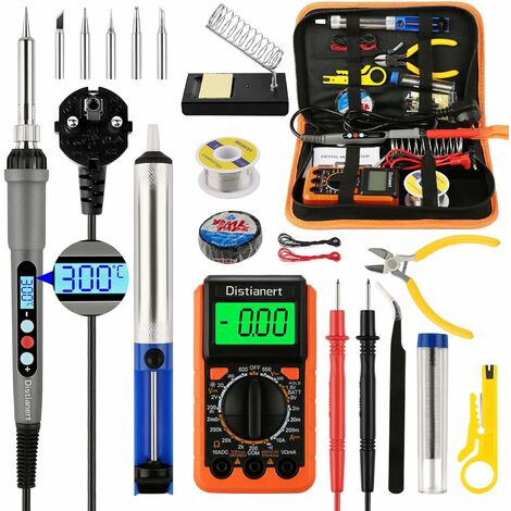 19-teiliger elektrischer Lötkolben, 60-W-Löt-LCD-Display, einstellbare Temperatur mit Digitalmultimeter, Ständer, Entlötpumpe, Spitzen, Spule, Klebeband für die elektrische Wartung