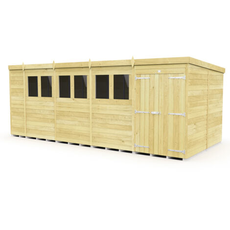 19 x 8 Feet Pent Shed - Double Door With Windows - Wood - L231 x W560 x H201 cm