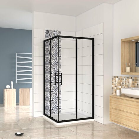 190 cm Box Doccia Angoalre Porte Scorrevoli Vetro Temperato 6 mm Trasparente Anticalcare Telaio Nero Opcao 100x90 cm